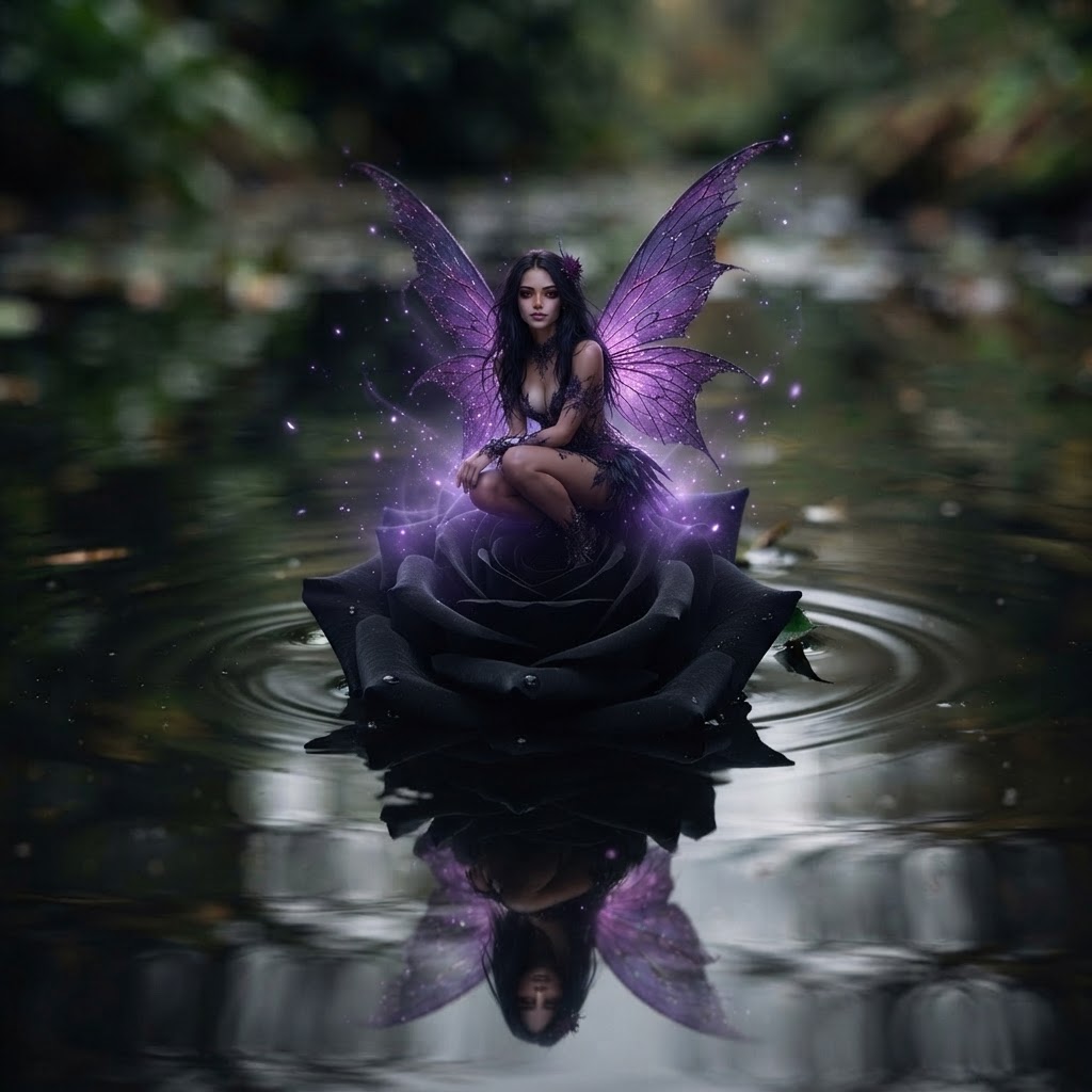 A violet-winged fae seated on a dark flower above reflective water