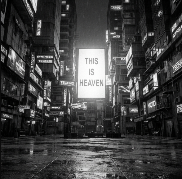 Black-and-white futuristic city artwork with a bright sign reading This Is Heaven